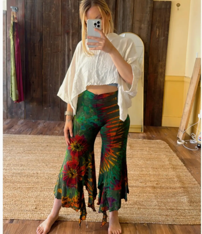 Hippie Boho Fairy Yoga Tie Dye Pants, Hand Dye Stretch Pant